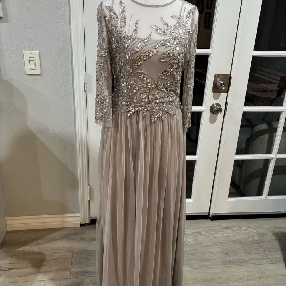 Adrianna Papell Silver Embellished Long Sleeve Dress